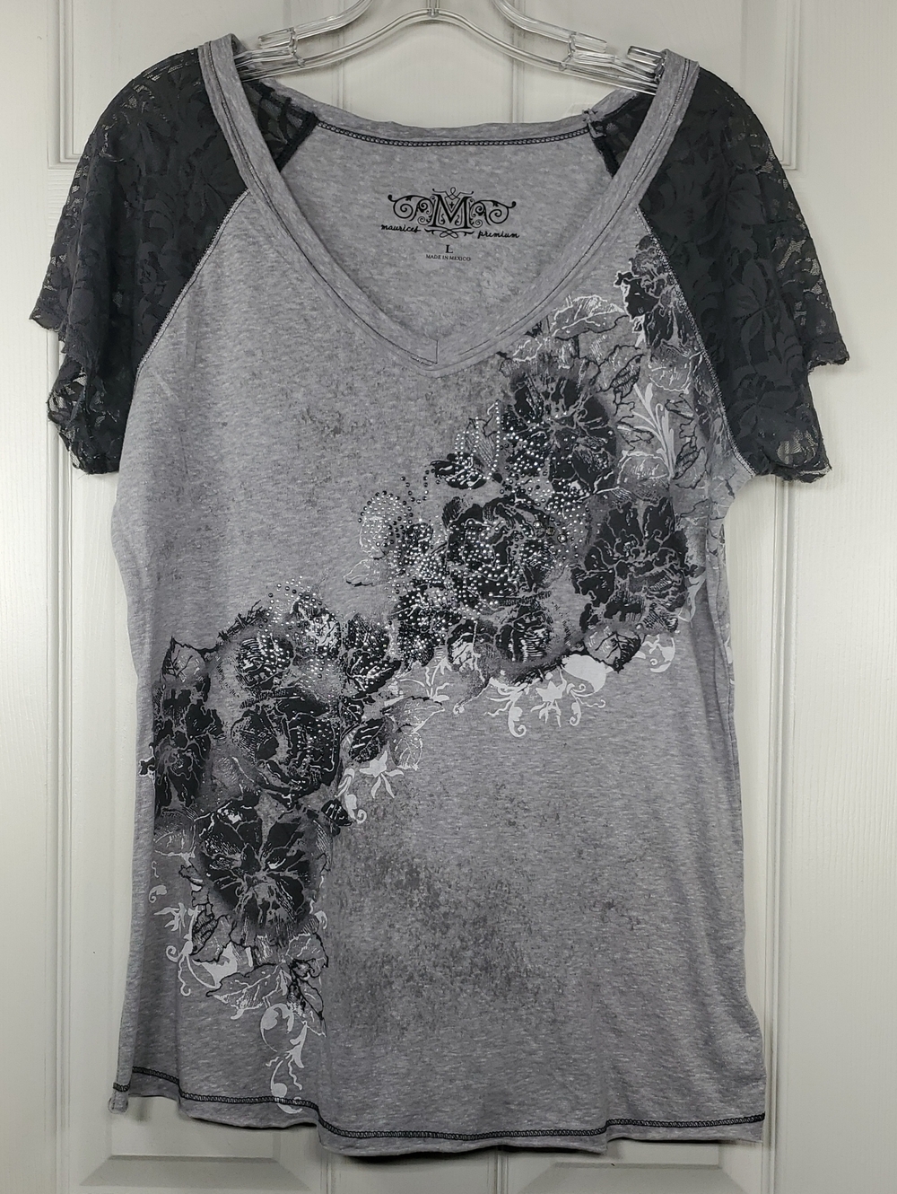 Maurices Premium Rhinestone Embellished Floral Lace Sleeve Top